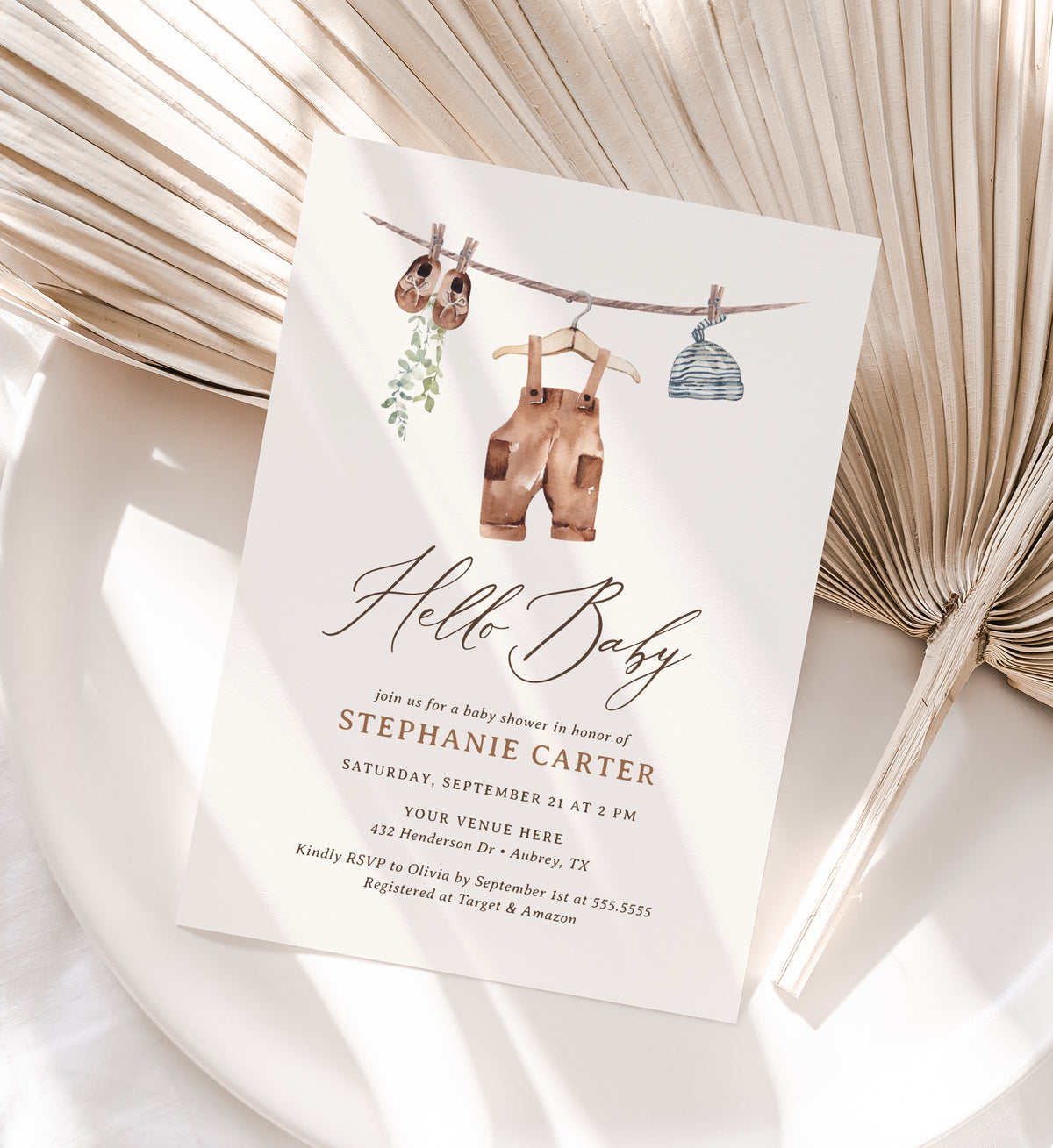 Editable Boho Boy Baby Clothes Baby Shower Invitation Template