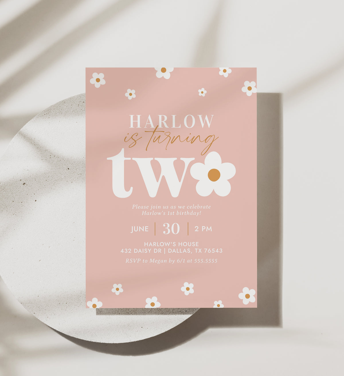 Editable Pink Daisy 2nd Birthday Invitation Template