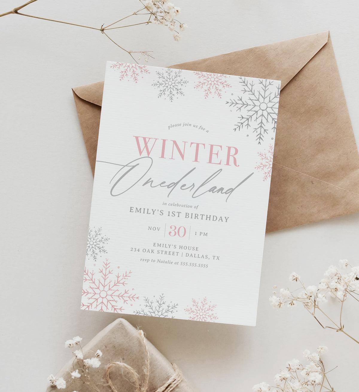 Editable Pink Winter Onederland Birthday Party Invitation Template
