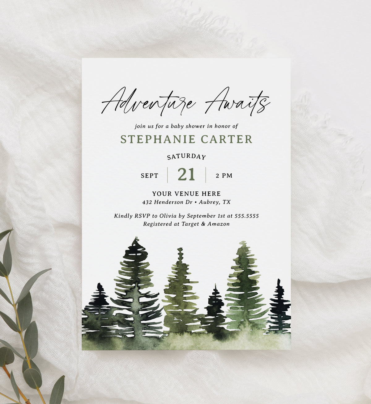 Watercolor Pine Tree Baby Shower Invitation Template