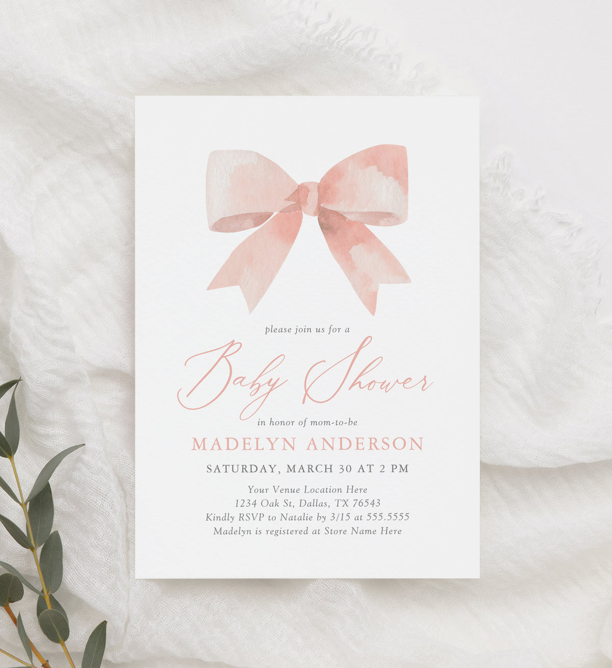 Editable Pink Bow Baby Shower Invitation Template