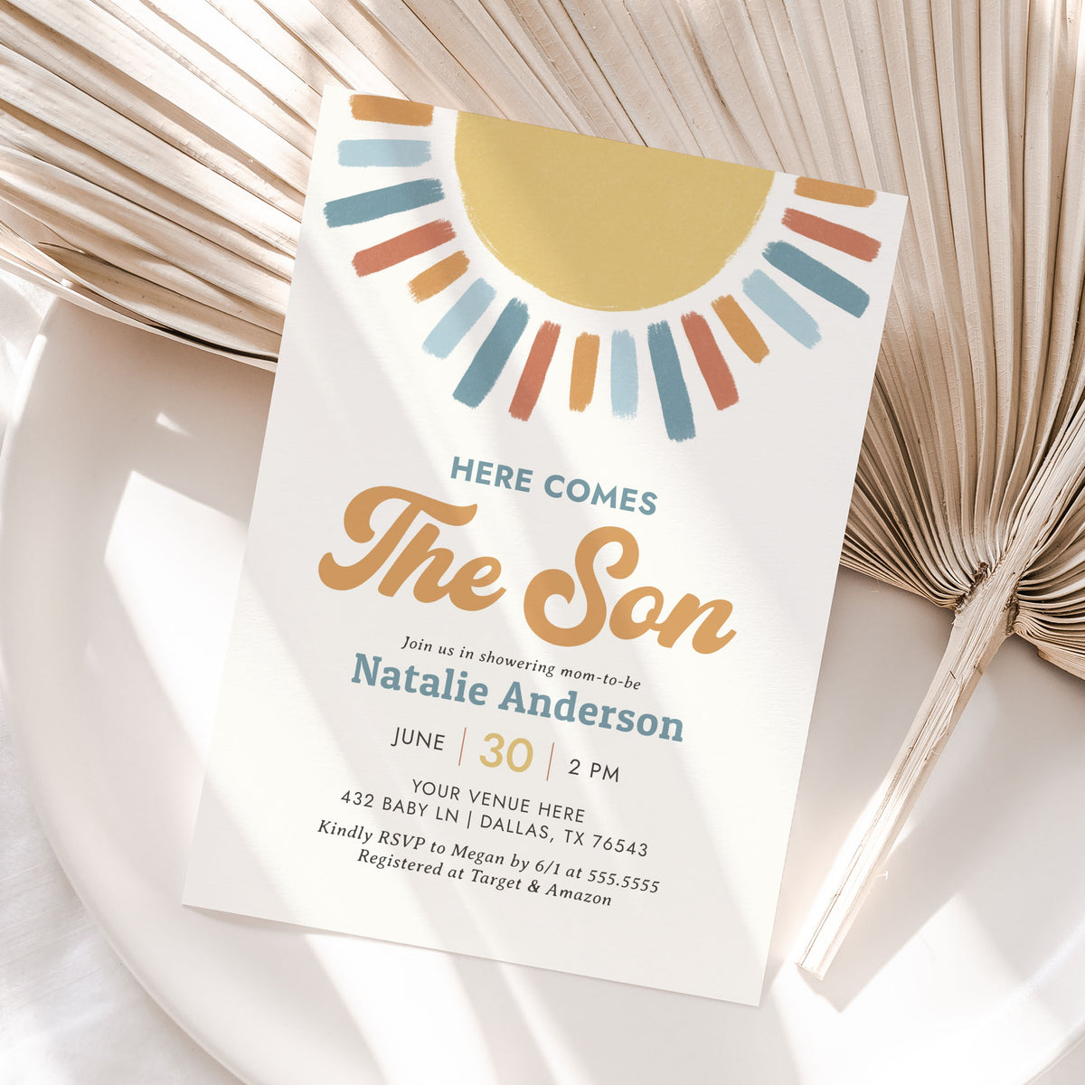 Retro Here Comes the Son Baby Shower Invitation Template