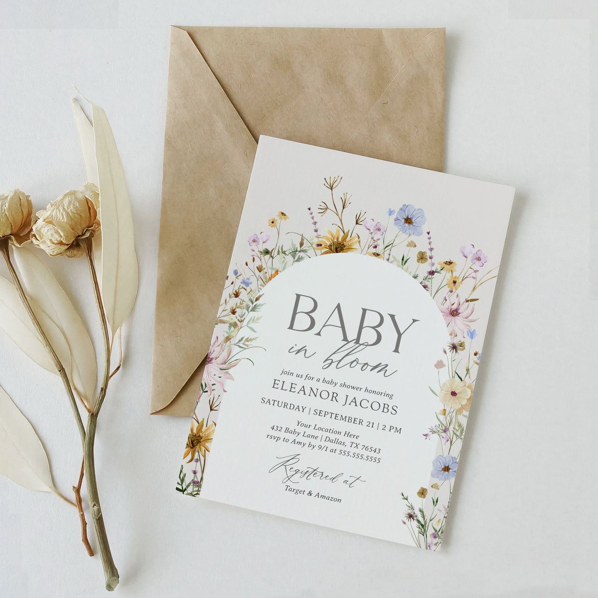 Editable Wildflower Baby in Bloom Baby Shower Invitation Template