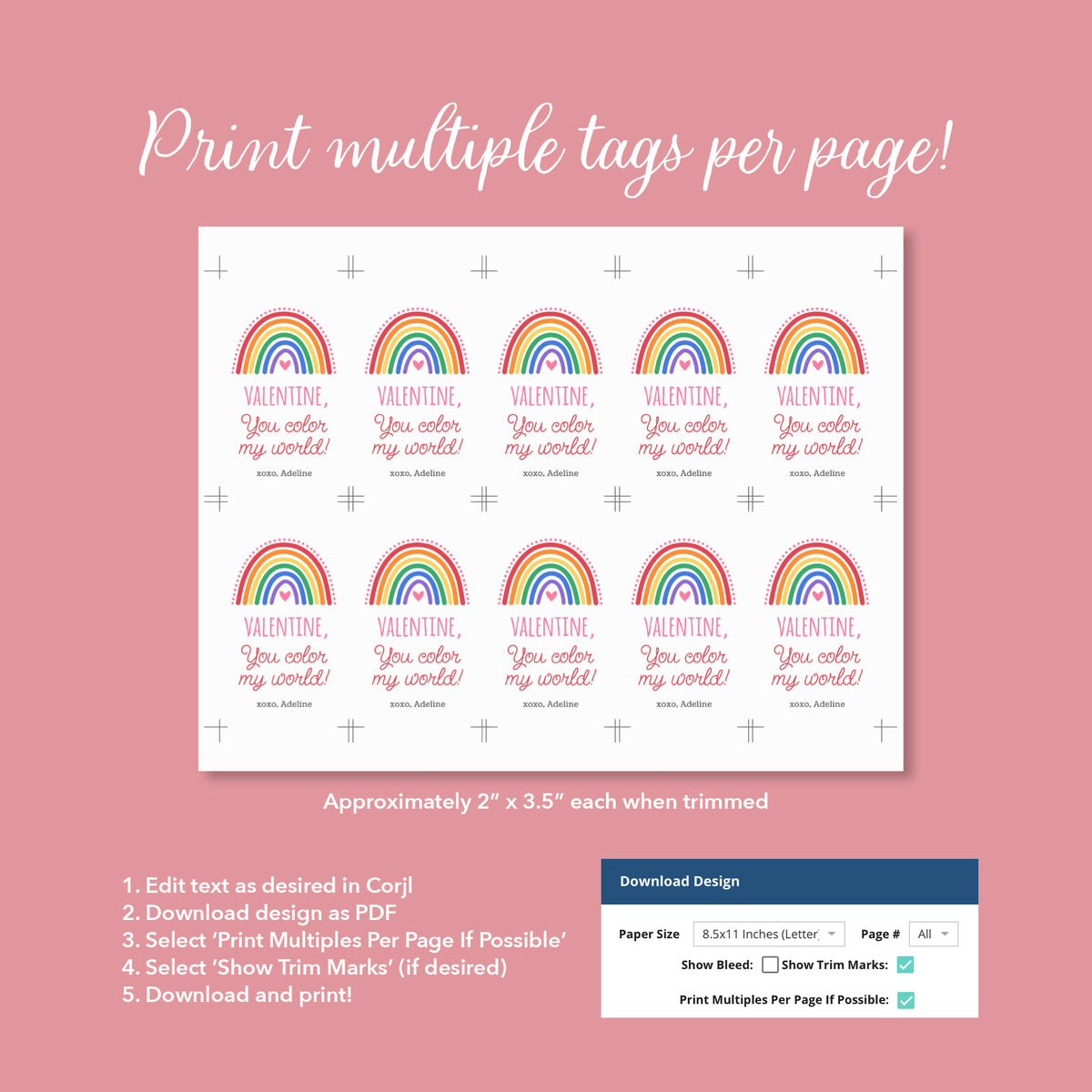 Colorful Rainbow Valentine's Rectangle Tag Template