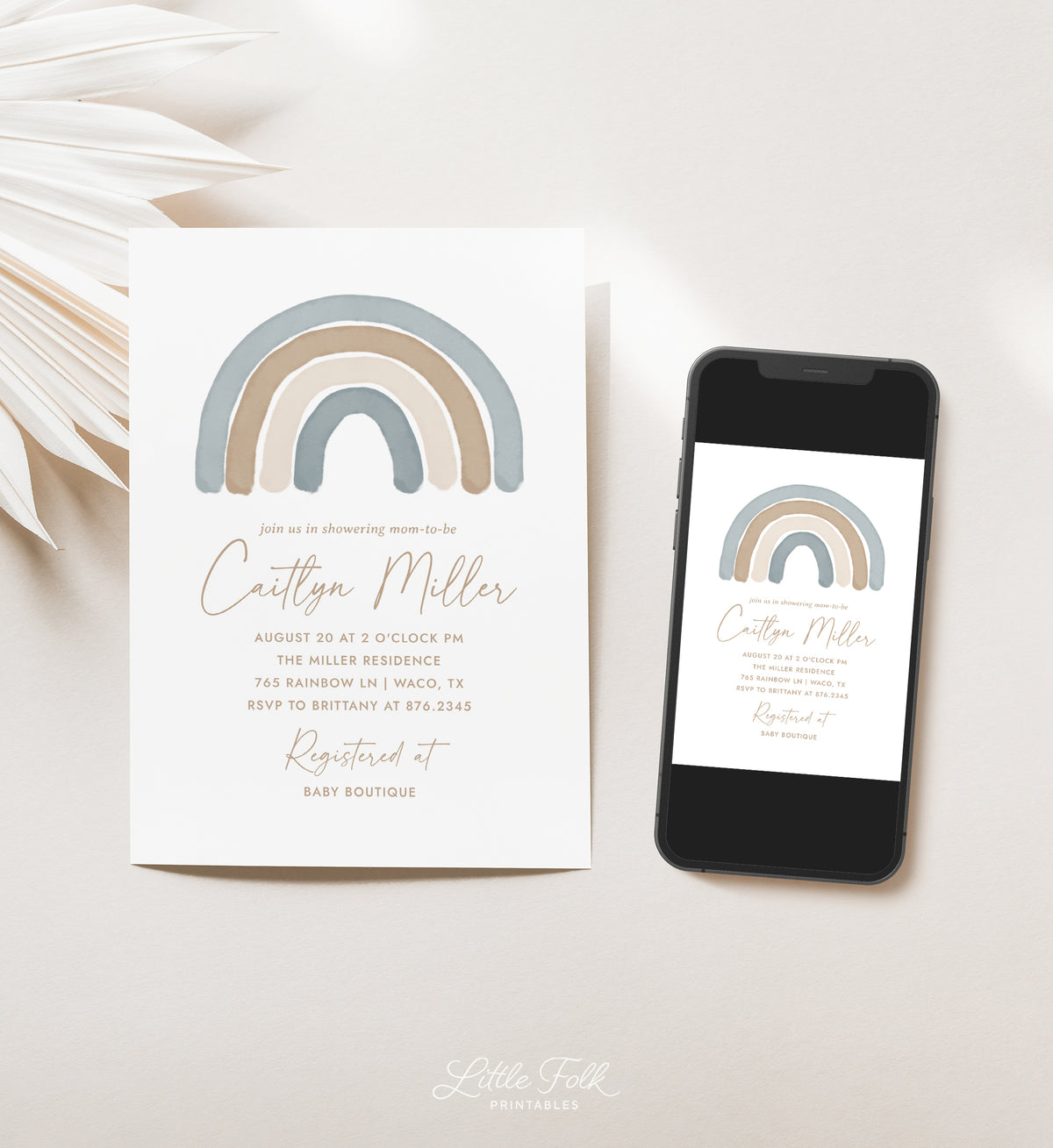 Blue Boho Rainbow Baby Shower Invitation