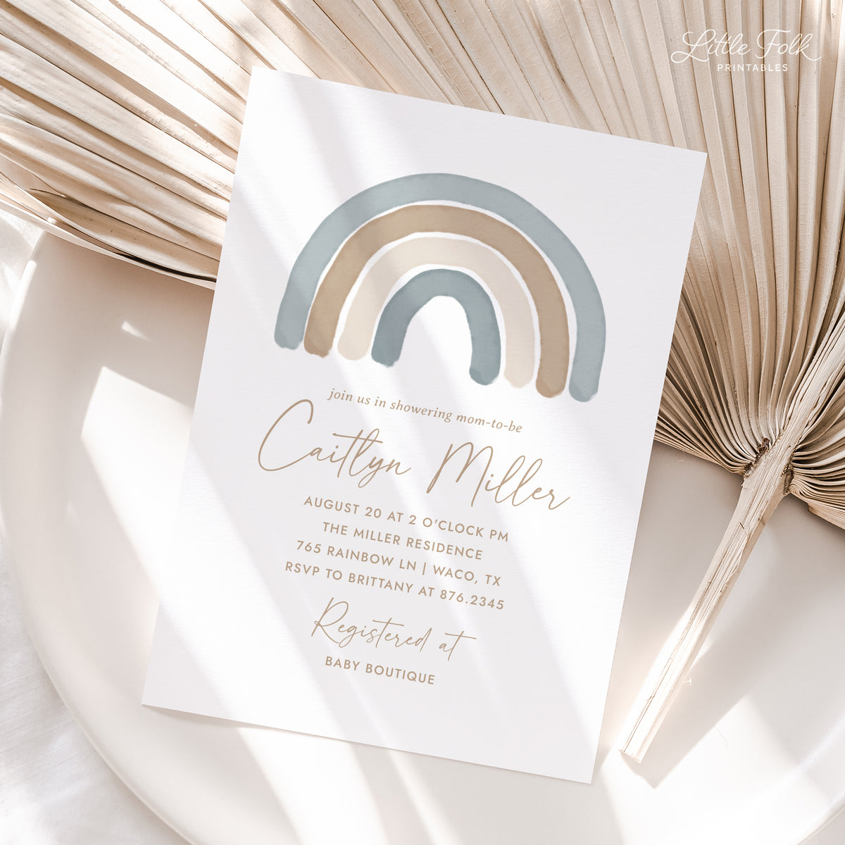 Blue Boho Rainbow Baby Shower Invitation