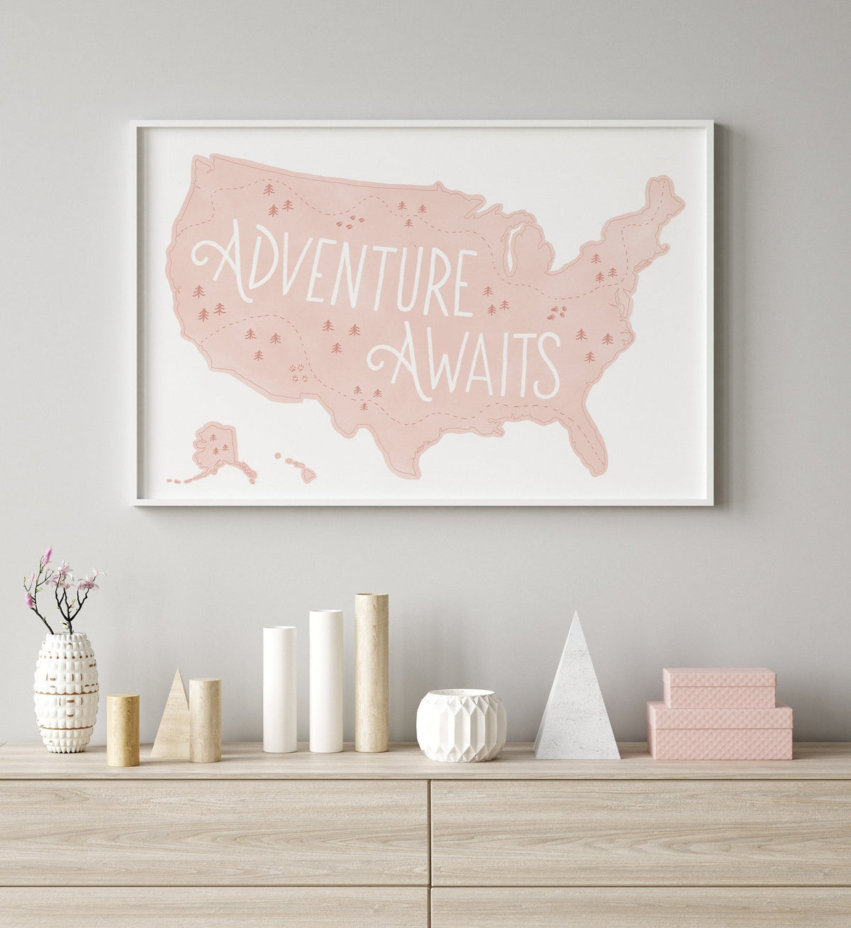 Adventure Awaits Map Print - Pink
