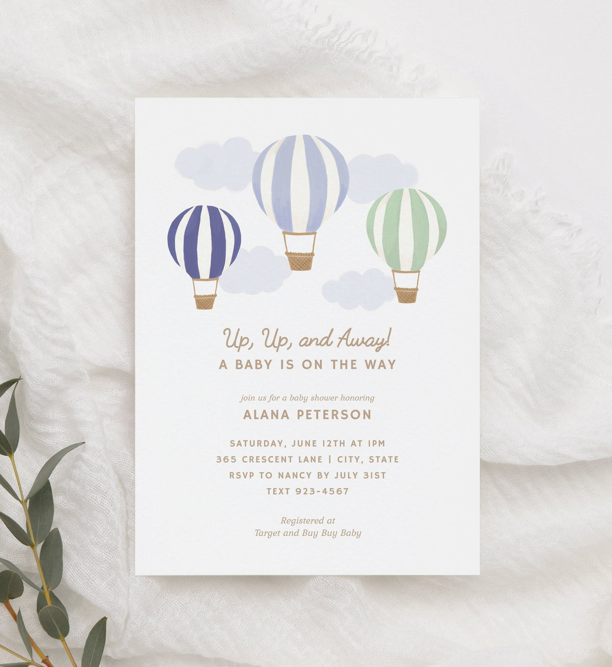 Hot Air Balloon Baby Shower Invitation, Boy Baby Shower Invite, Printable Invitation Template, DIGITAL DOWNLOAD