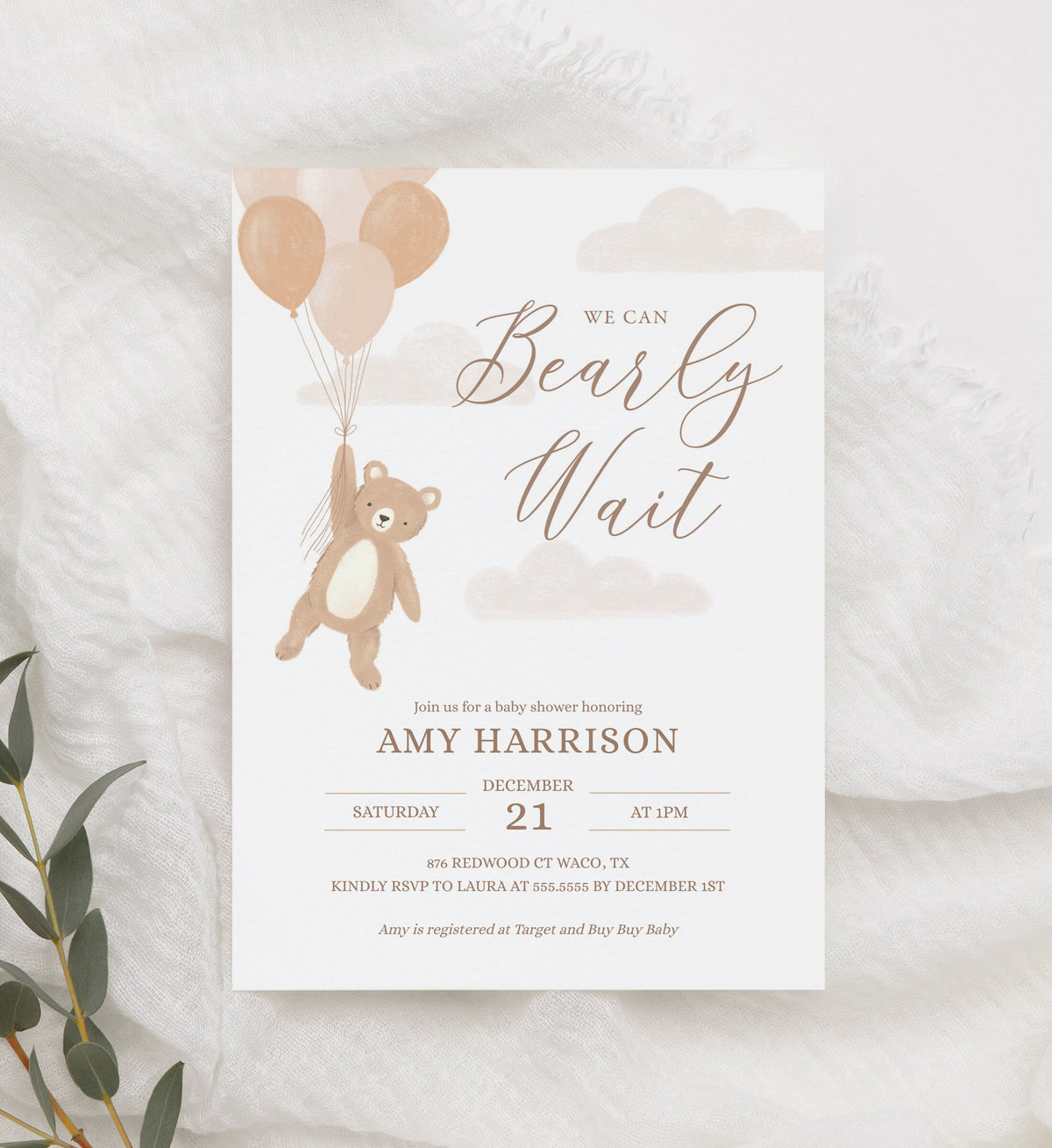 We Can Bearly Wait Baby Shower Invitation, Teddy Bear Balloon Baby Shower Invite, Printable Invitation Template, DIGITAL DOWNLOAD