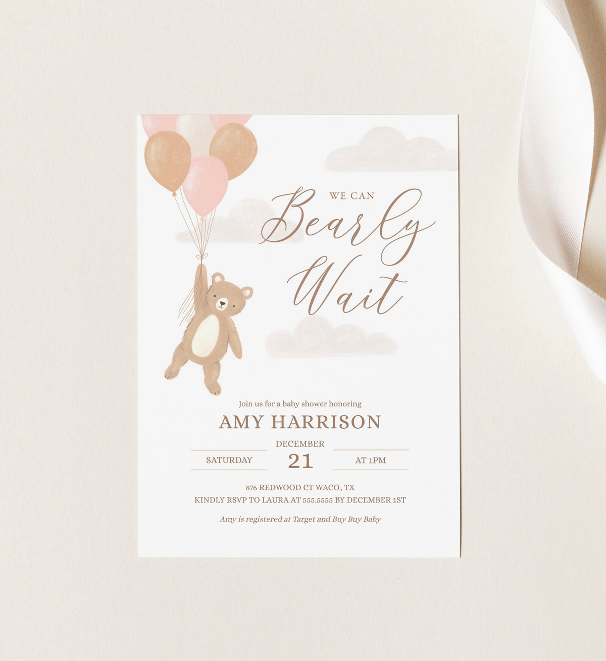 We Can Bearly Wait Baby Shower Invitation, Teddy Bear Balloon Girl Baby Shower Invite, Printable Invitation Template, DIGITAL DOWNLOAD