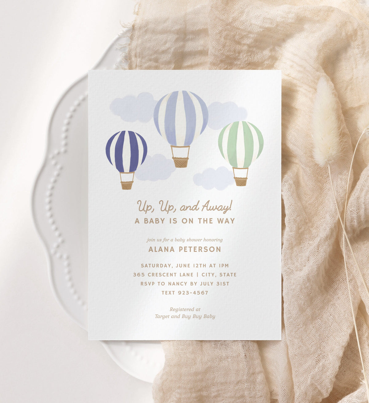 Hot Air Balloon Baby Shower Invitation, Boy Baby Shower Invite, Printable Invitation Template, DIGITAL DOWNLOAD