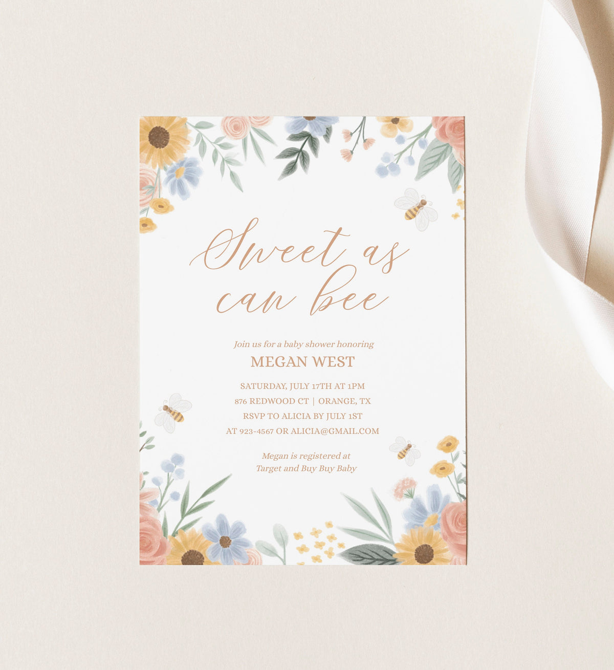 Sweet as Can Bee Baby Shower Invitation, Bee Baby Shower Invite, Printable Invitation Template, Floral Girl Baby Shower, DIGITAL DOWNLOAD