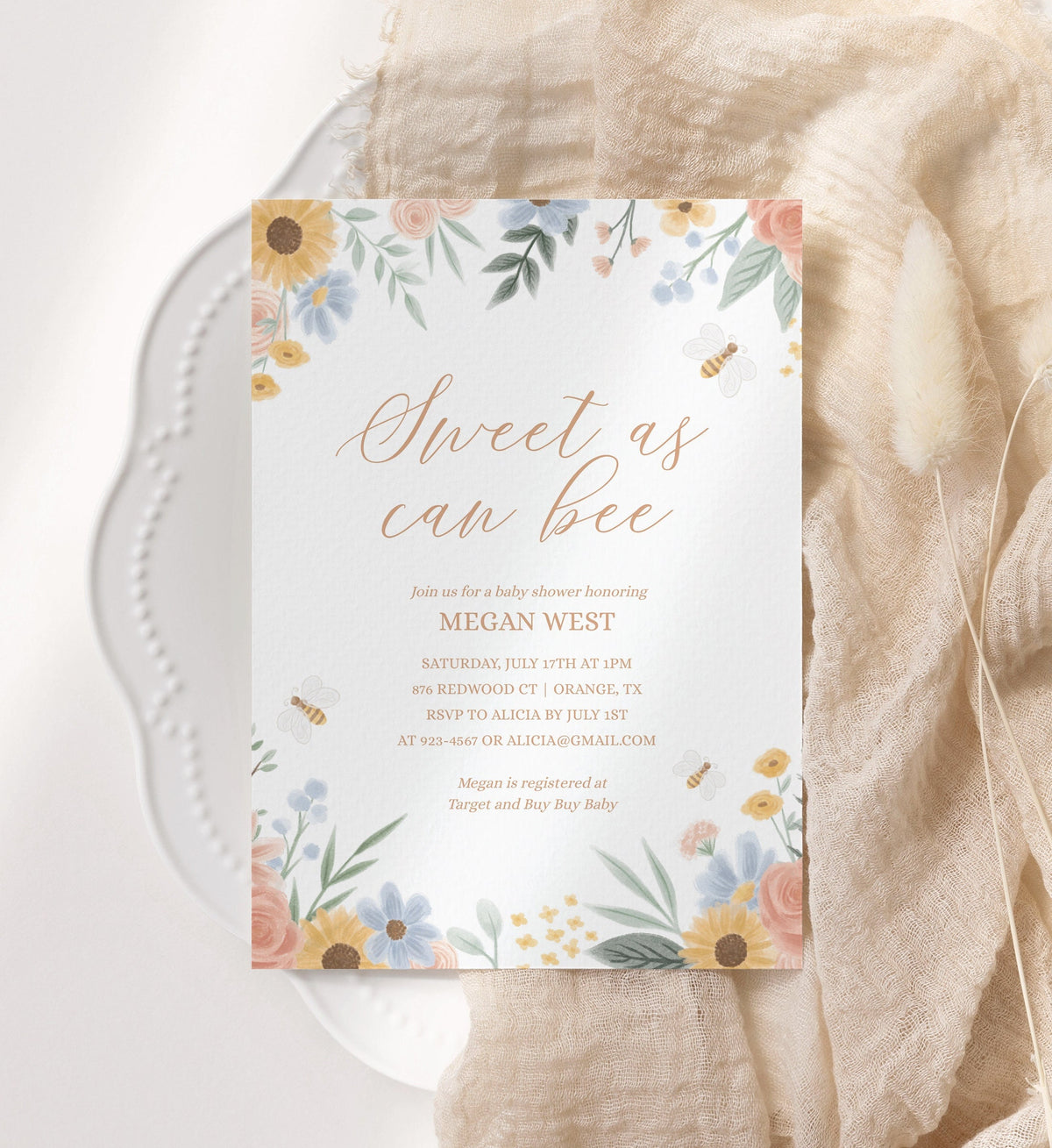 Sweet as Can Bee Baby Shower Invitation, Bee Baby Shower Invite, Printable Invitation Template, Floral Girl Baby Shower, DIGITAL DOWNLOAD