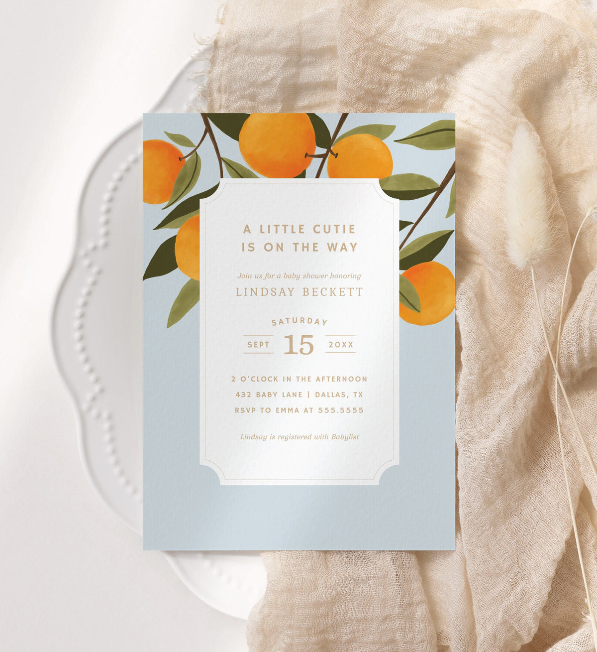 A Little Cutie is on the Way Baby Shower Invitation, Citrus Baby Shower Invite, Printable Invitation Template, DIGITAL DOWNLOAD