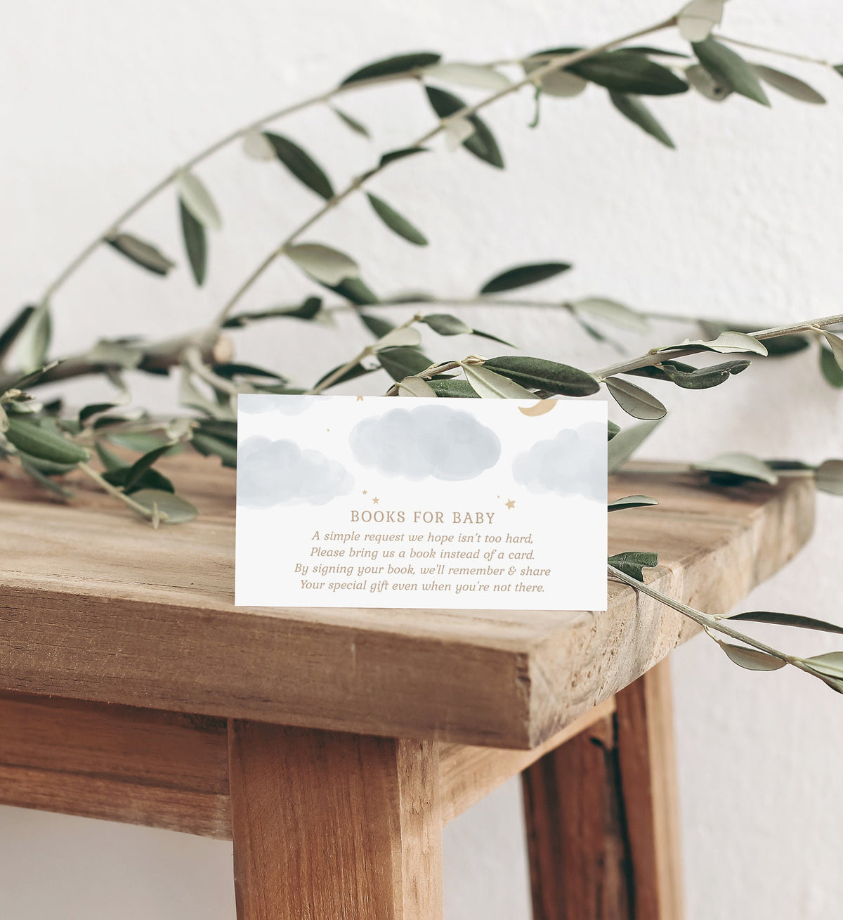 Moon and Stars Books for Baby Card Template, Watercolor Clouds Baby Shower Book Request Insert, Printable Template, DIGITAL DOWNLOAD