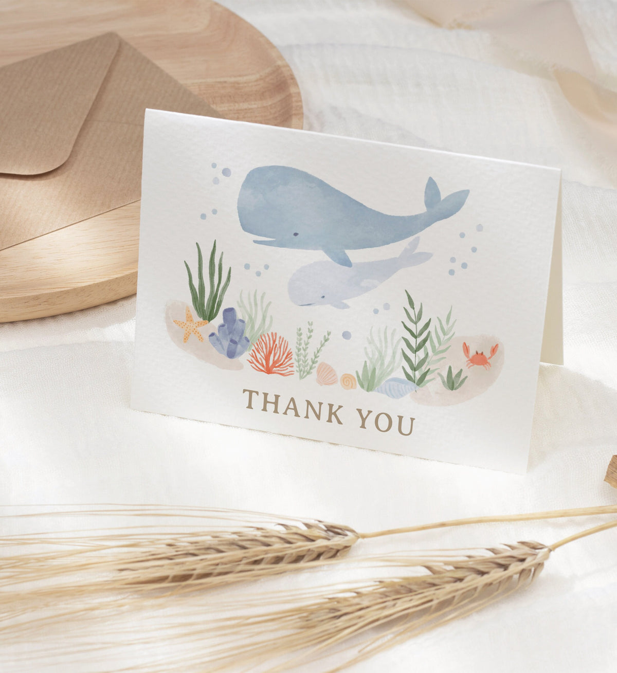 Editable Under the Sea Baby Shower Thank You Card Template, Printable Folded Thank You Card, DIGITAL DOWNLOAD
