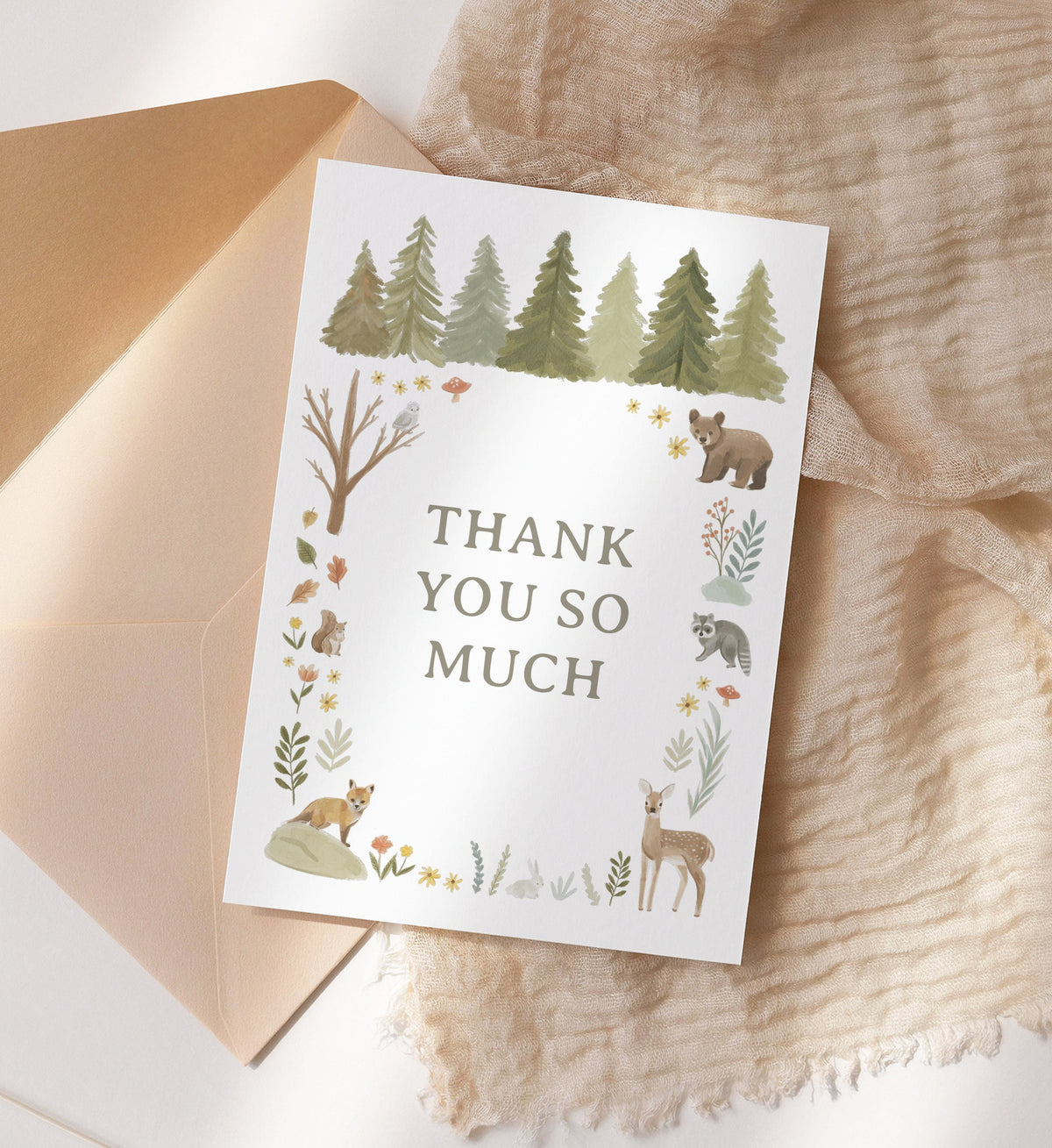 Editable Woodland Baby Shower Thank You Card Template, Printable Folded Thank You Card, DIGITAL DOWNLOAD