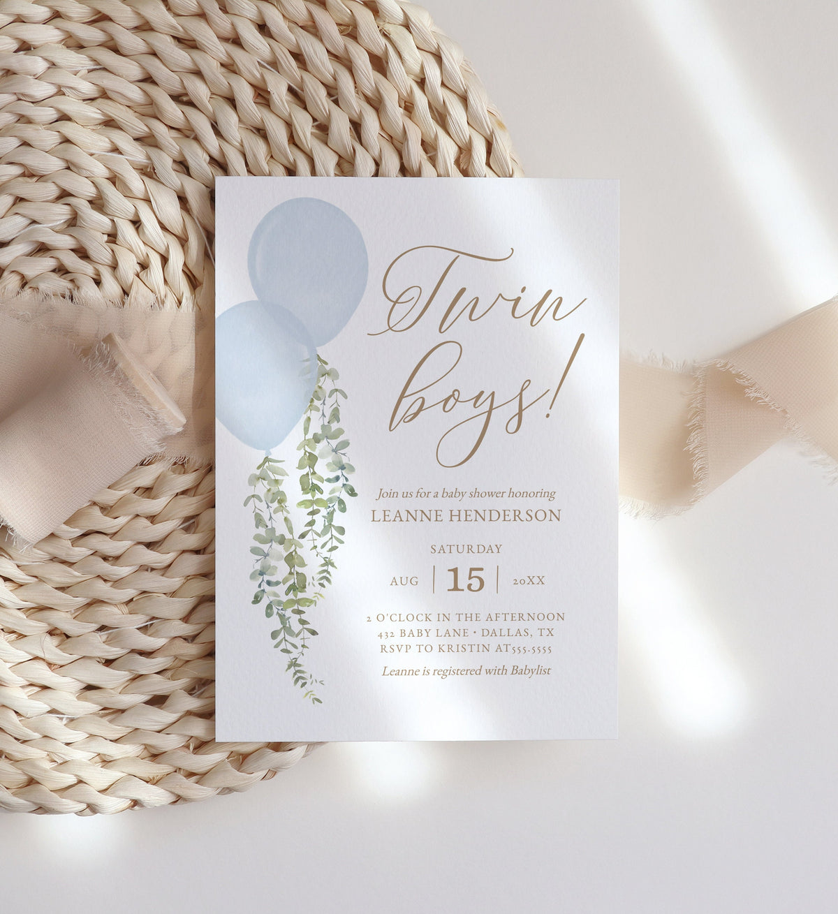 Twin Boys Balloon Baby Shower Invitation, Blue Watercolor Balloon Baby Shower Invite, Printable Invitation Template, DIGITAL DOWNLOAD