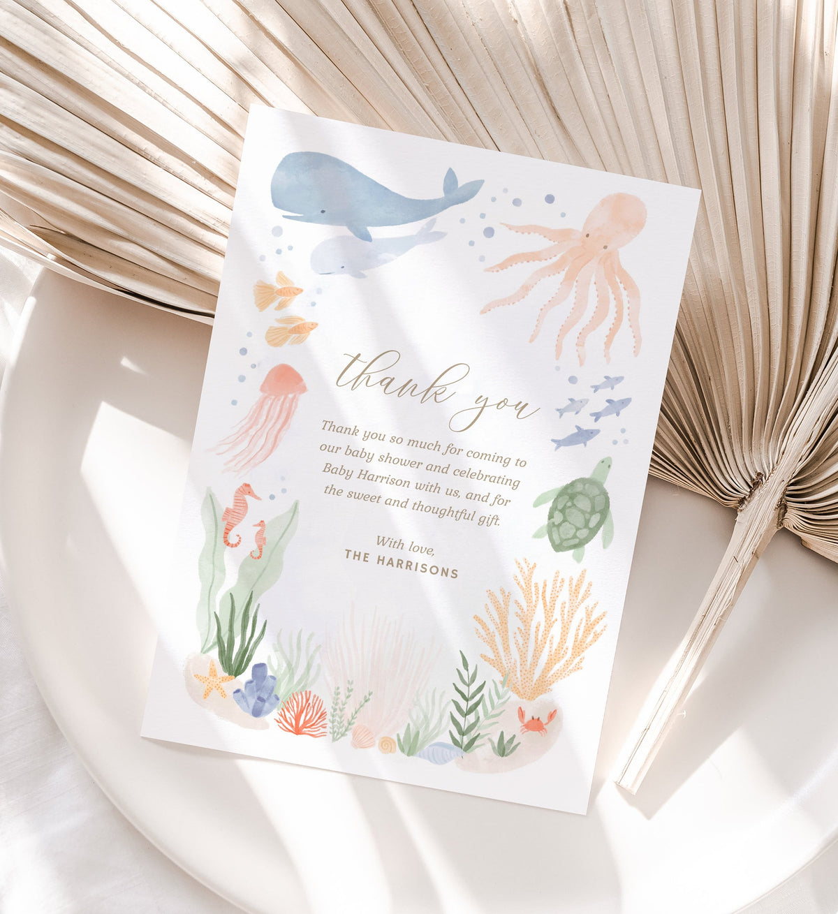 Editable Under the Sea Baby Shower Thank You Card Template, Printable Flat Thank You Card, DIGITAL DOWNLOAD