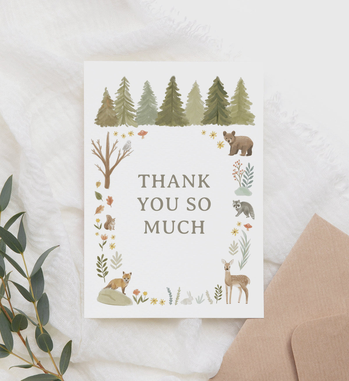 Editable Woodland Baby Shower Thank You Card Template, Printable Folded Thank You Card, DIGITAL DOWNLOAD