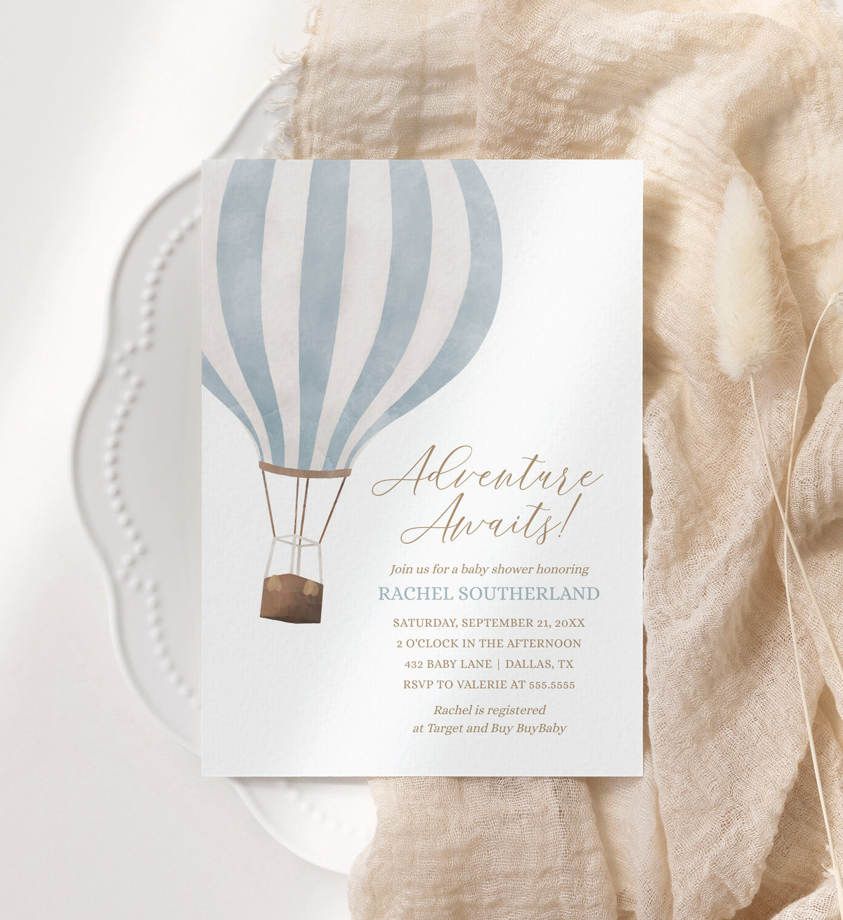 Editable Blue Hot Air Balloon Baby Shower Invitation Template