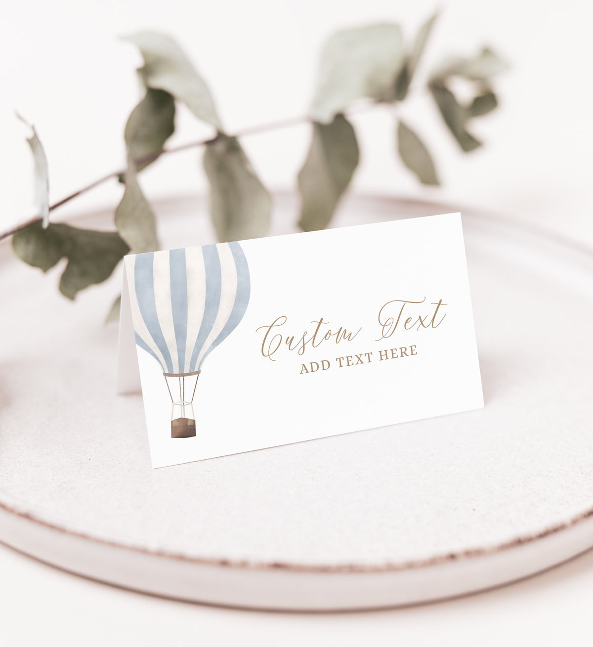 Editable Blue Hot Air Balloon Baby Shower Place Card Template