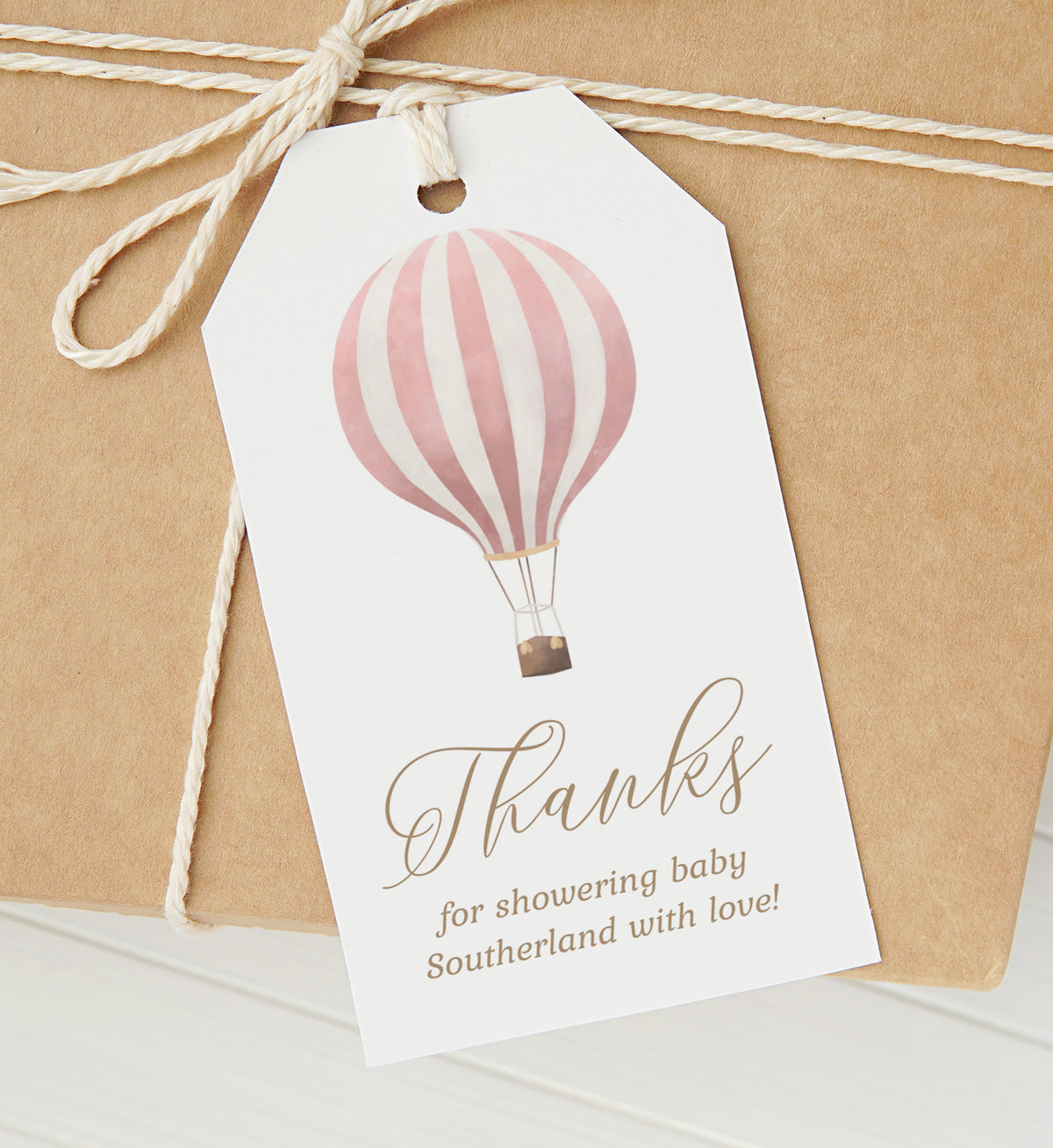 Editable Pink Hot Air Balloon Baby Shower Favor Tag Template