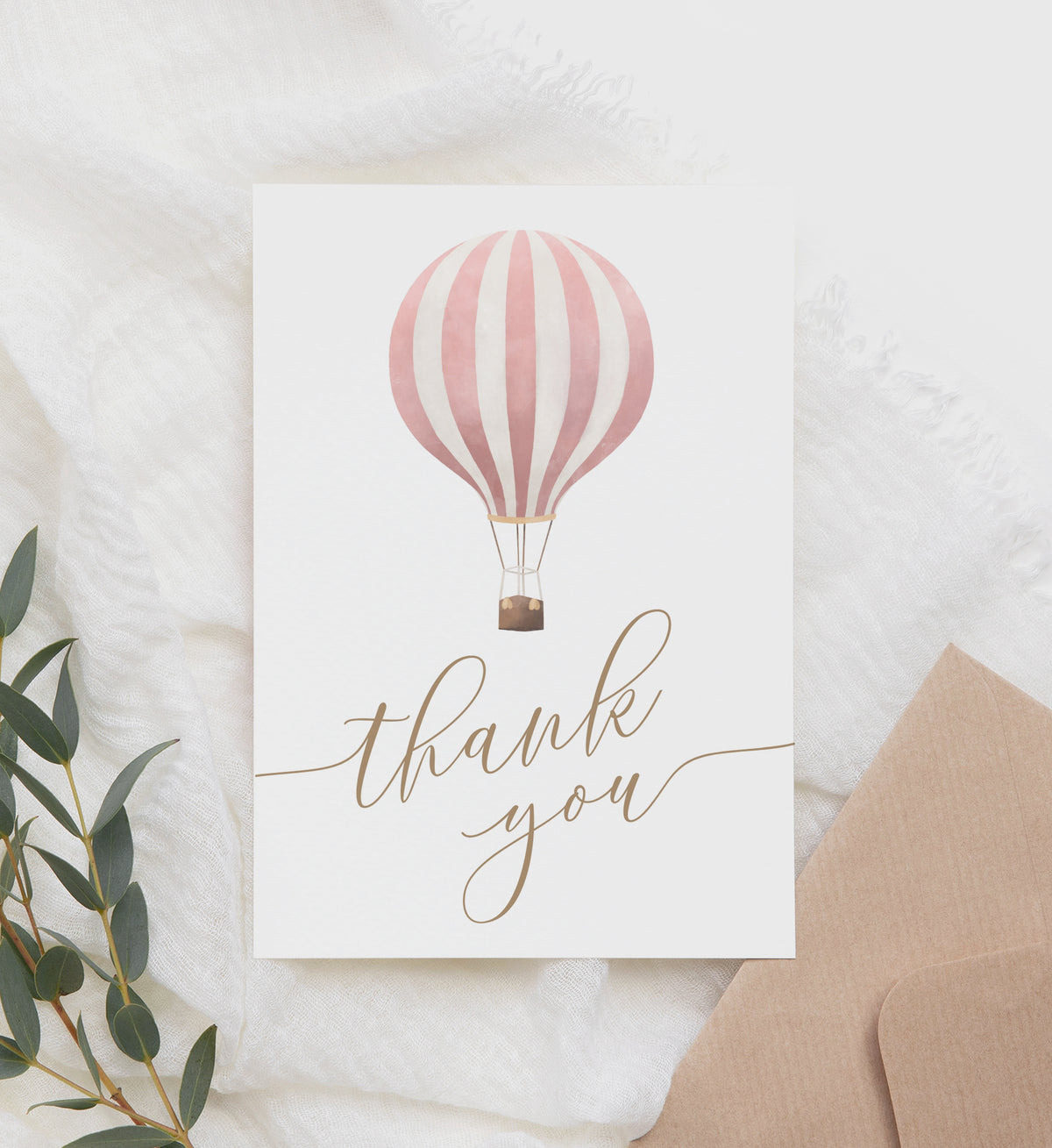 Editable Pink Hot Air Balloon Baby Shower Folded Thank You Card Template