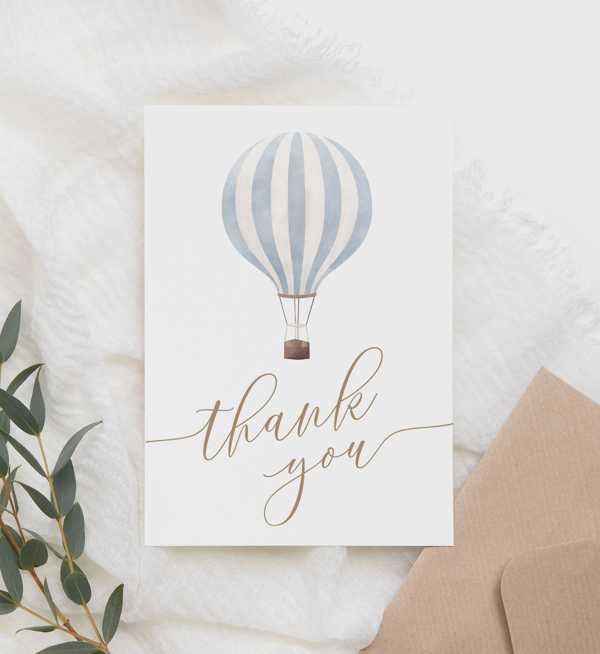 Editable Blue Hot Air Balloon Baby Shower Folded Thank You Card Template
