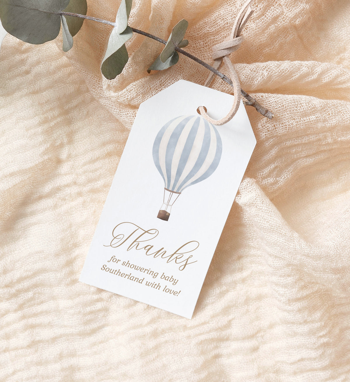Editable Blue Hot Air Balloon Baby Shower Favor Tag Template