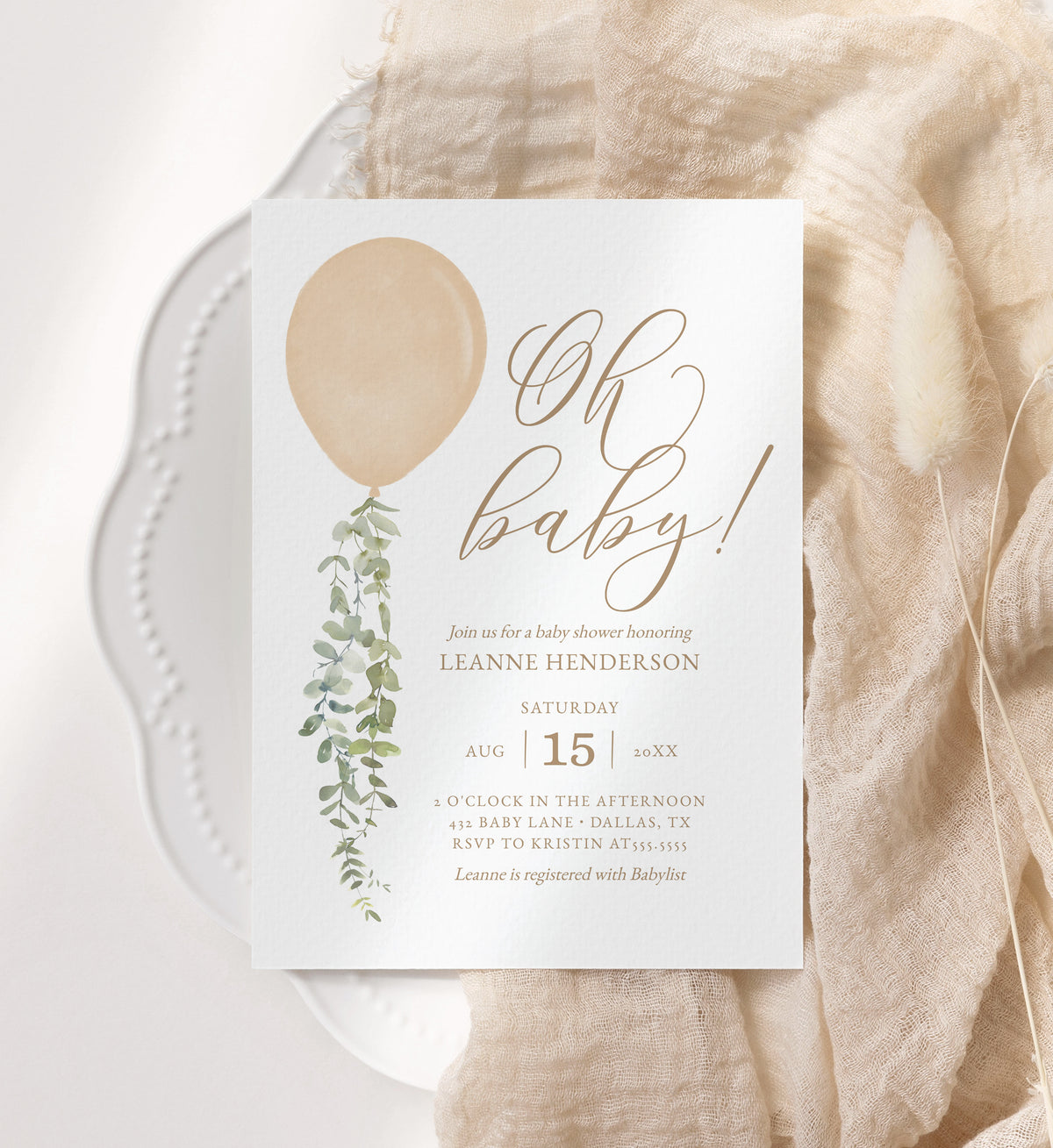 Editable Gold Balloon Baby Shower Invitation Template
