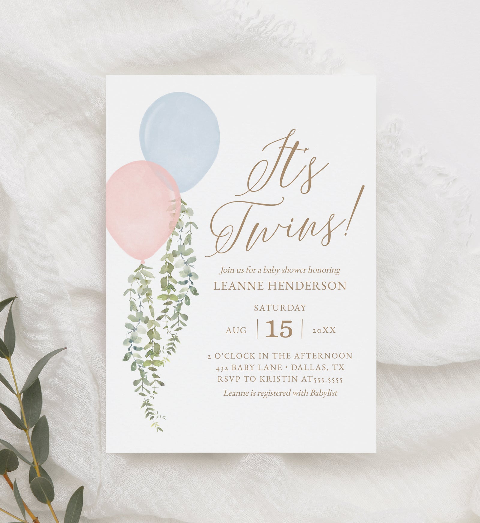 Editable Twins Balloon Baby Shower Invitation Template