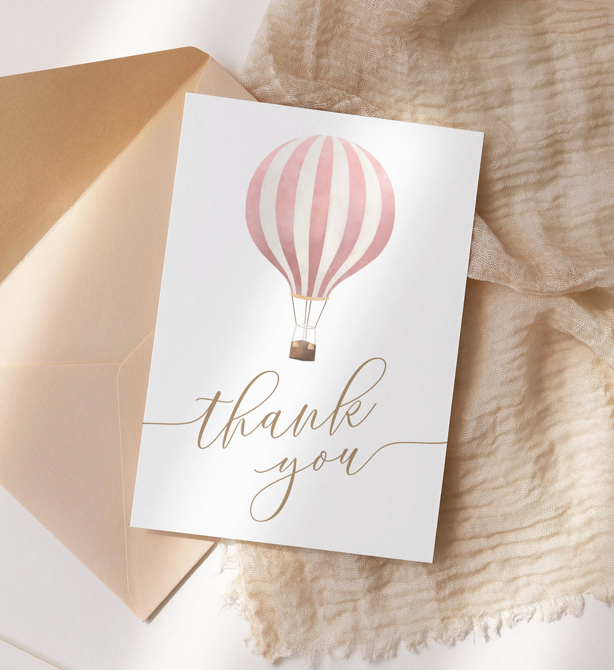 Editable Pink Hot Air Balloon Baby Shower Folded Thank You Card Template