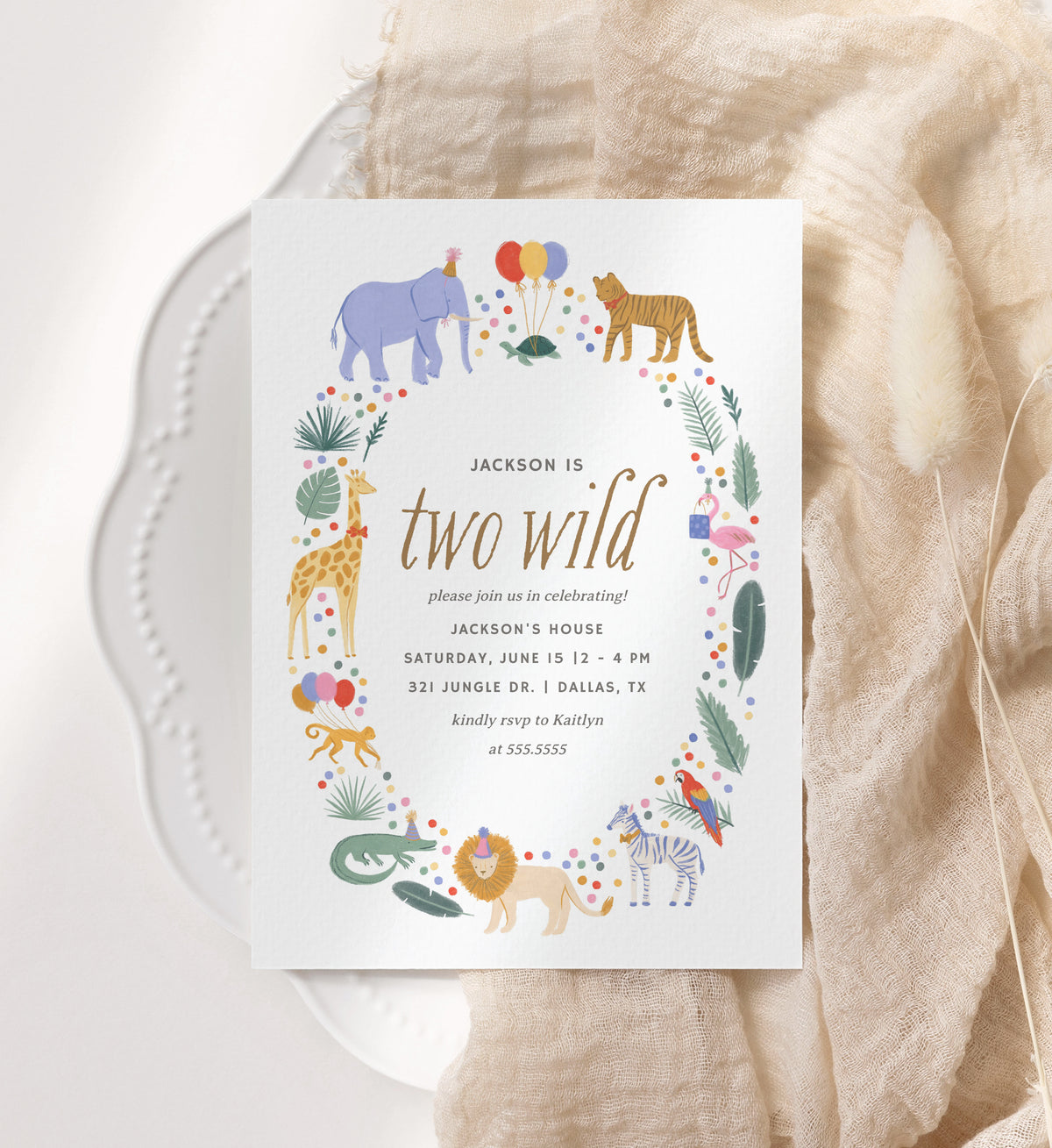 Editable Two Wild Safari Animals Birthday Party Invitation Template