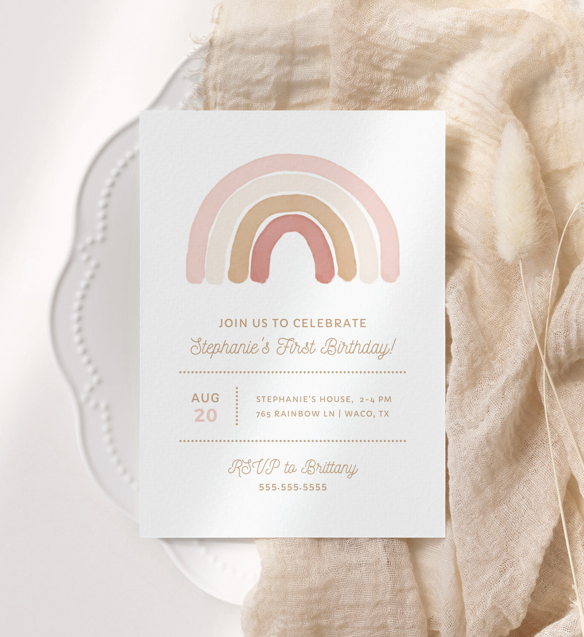 Editable Pink Rainbow Birthday Party Invitation Template