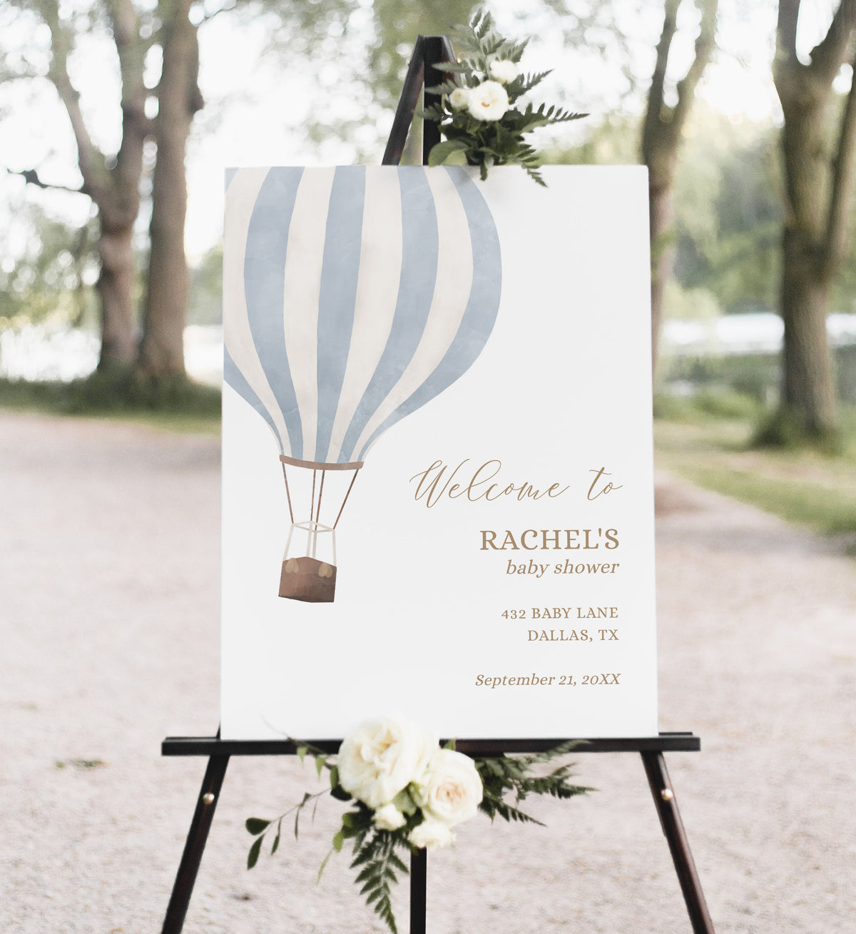 Editable Blue Hot Air Balloon Baby Shower Welcome Sign