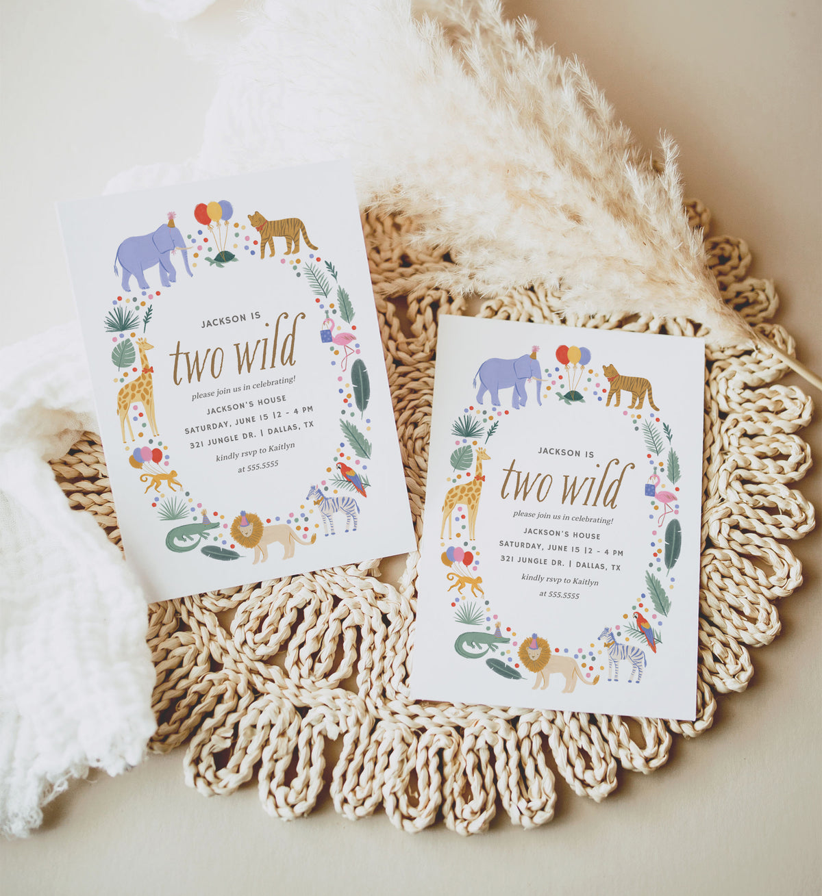Editable Two Wild Safari Animals Birthday Party Invitation Template