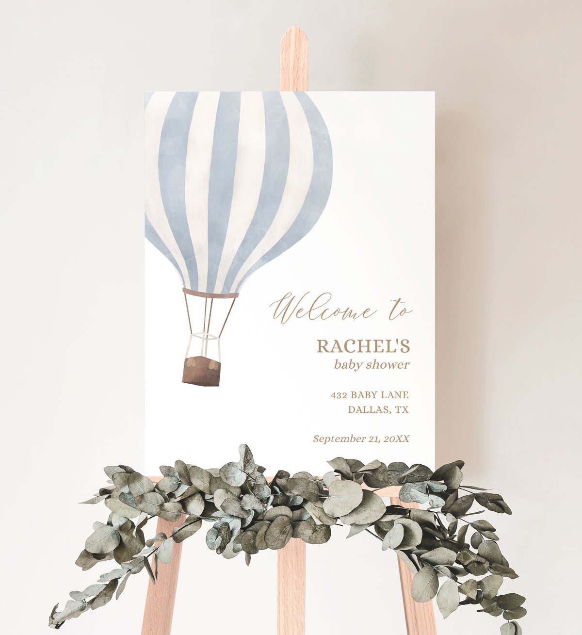 Editable Blue Hot Air Balloon Baby Shower Welcome Sign