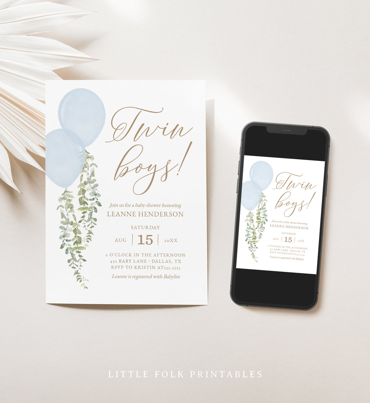 Editable Twin Boys Balloon Baby Shower Invitation Template