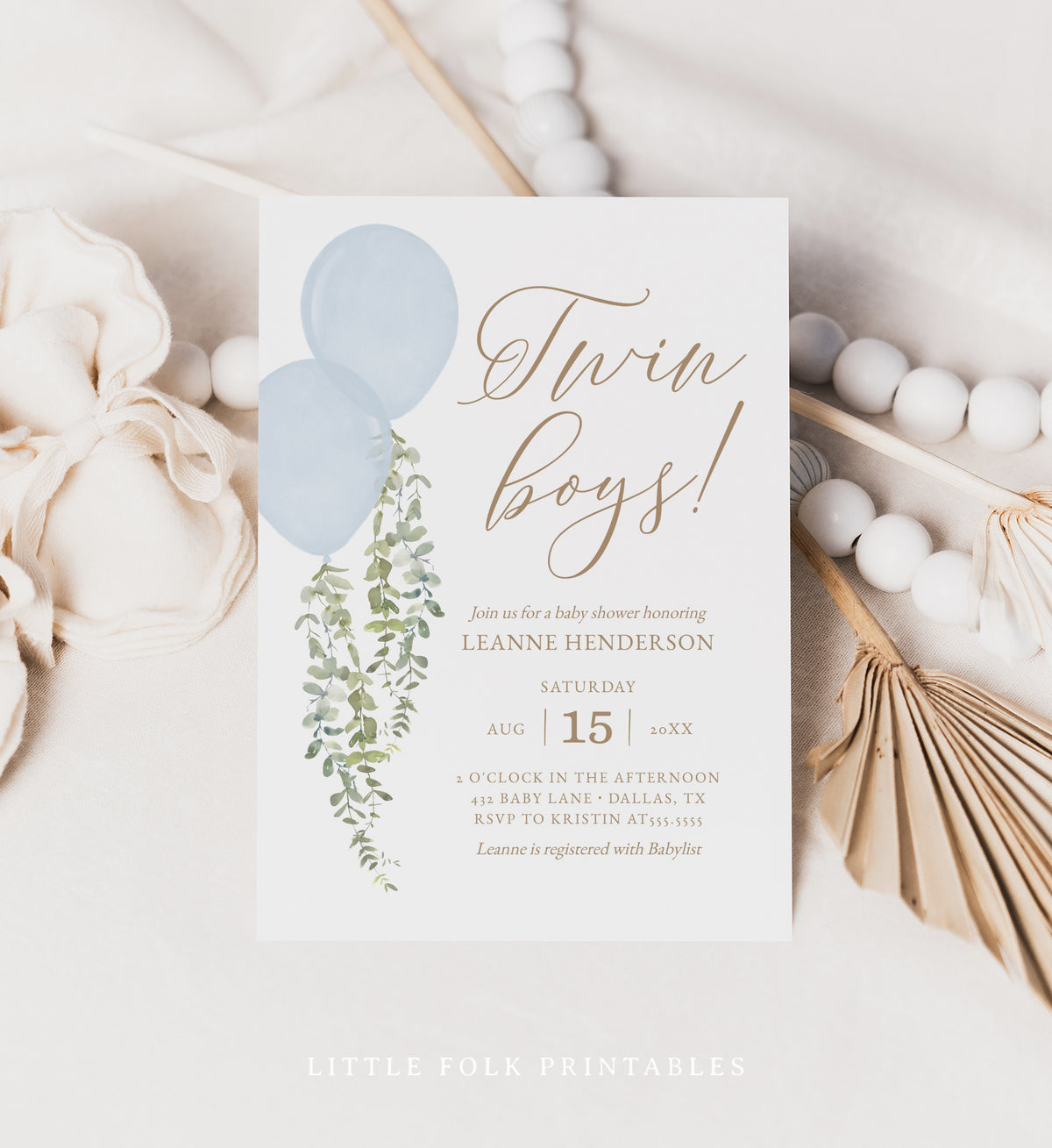 Editable Twin Boys Balloon Baby Shower Invitation Template