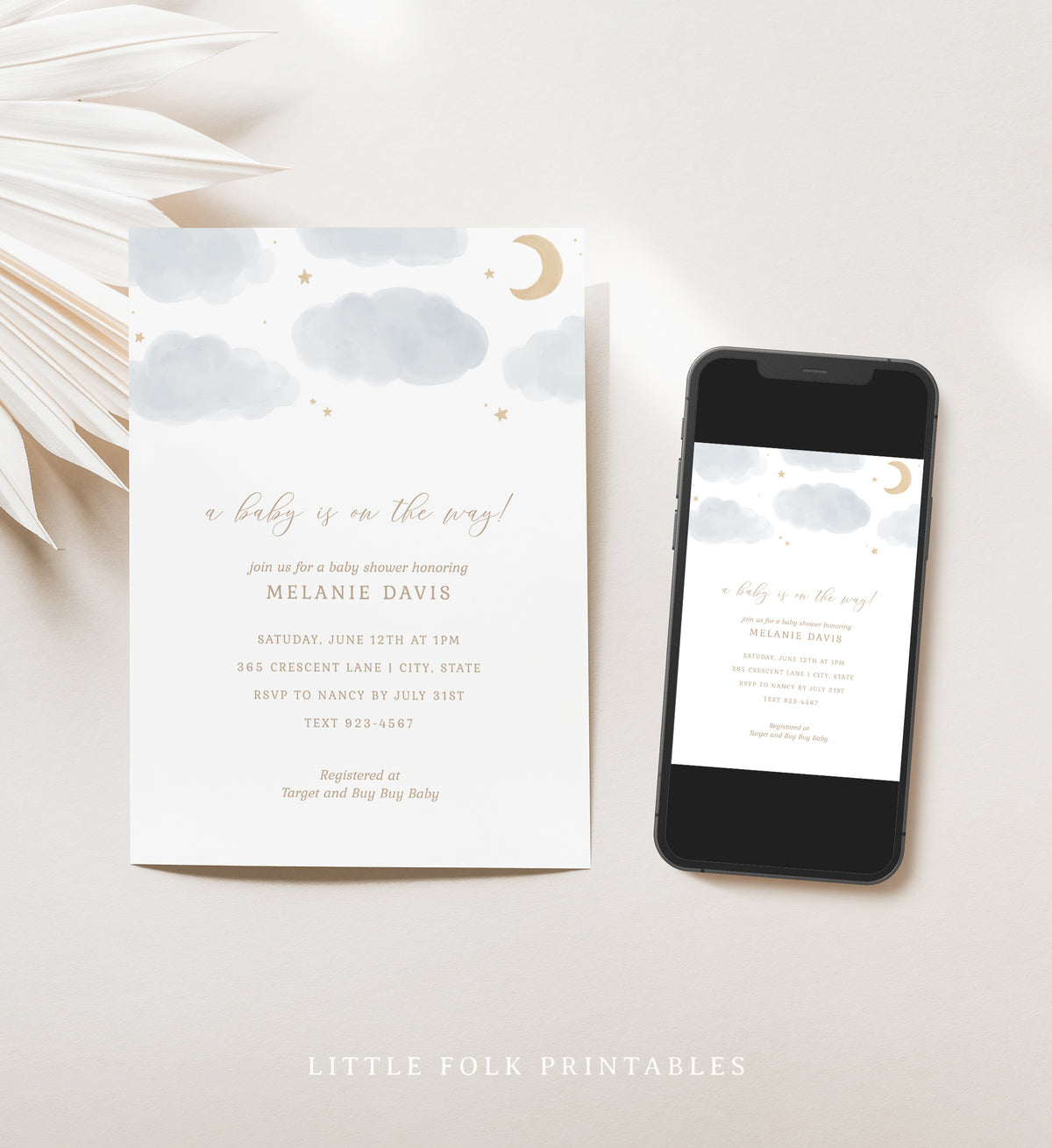 Editable Moon and Stars Baby Shower Invitation Template