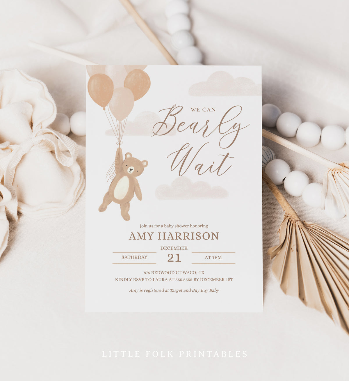 Editable We Can Bearly Wait Gender Neutral Baby Shower Invitation Template