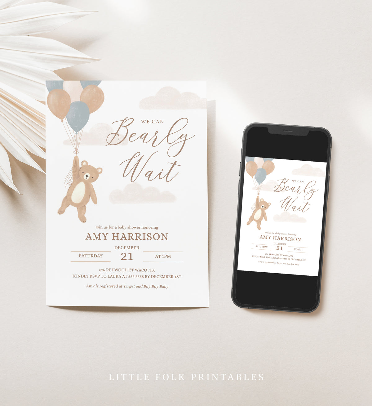 Editable We Can Bearly Wait Boy Baby Shower Invitation Template