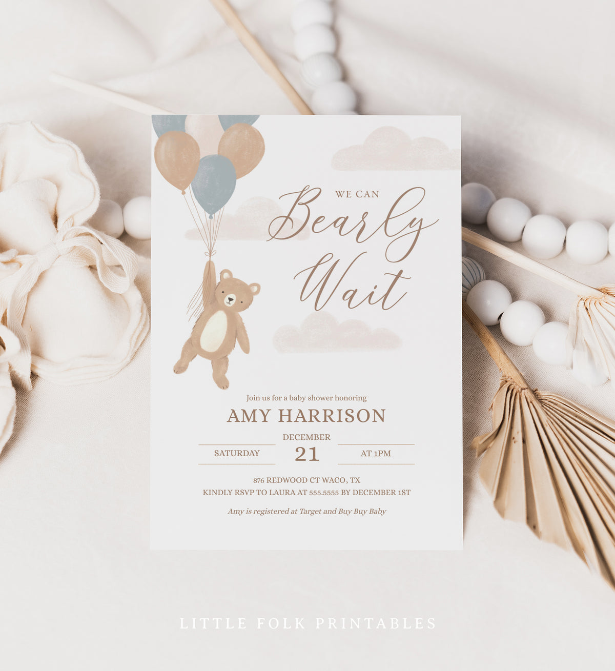 Editable We Can Bearly Wait Boy Baby Shower Invitation Template
