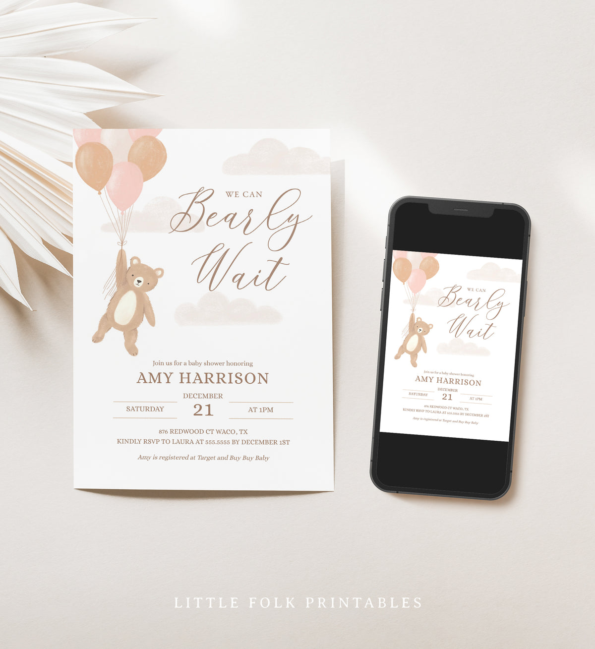 Editable We Can Bearly Wait Girl Baby Shower Invitation Template
