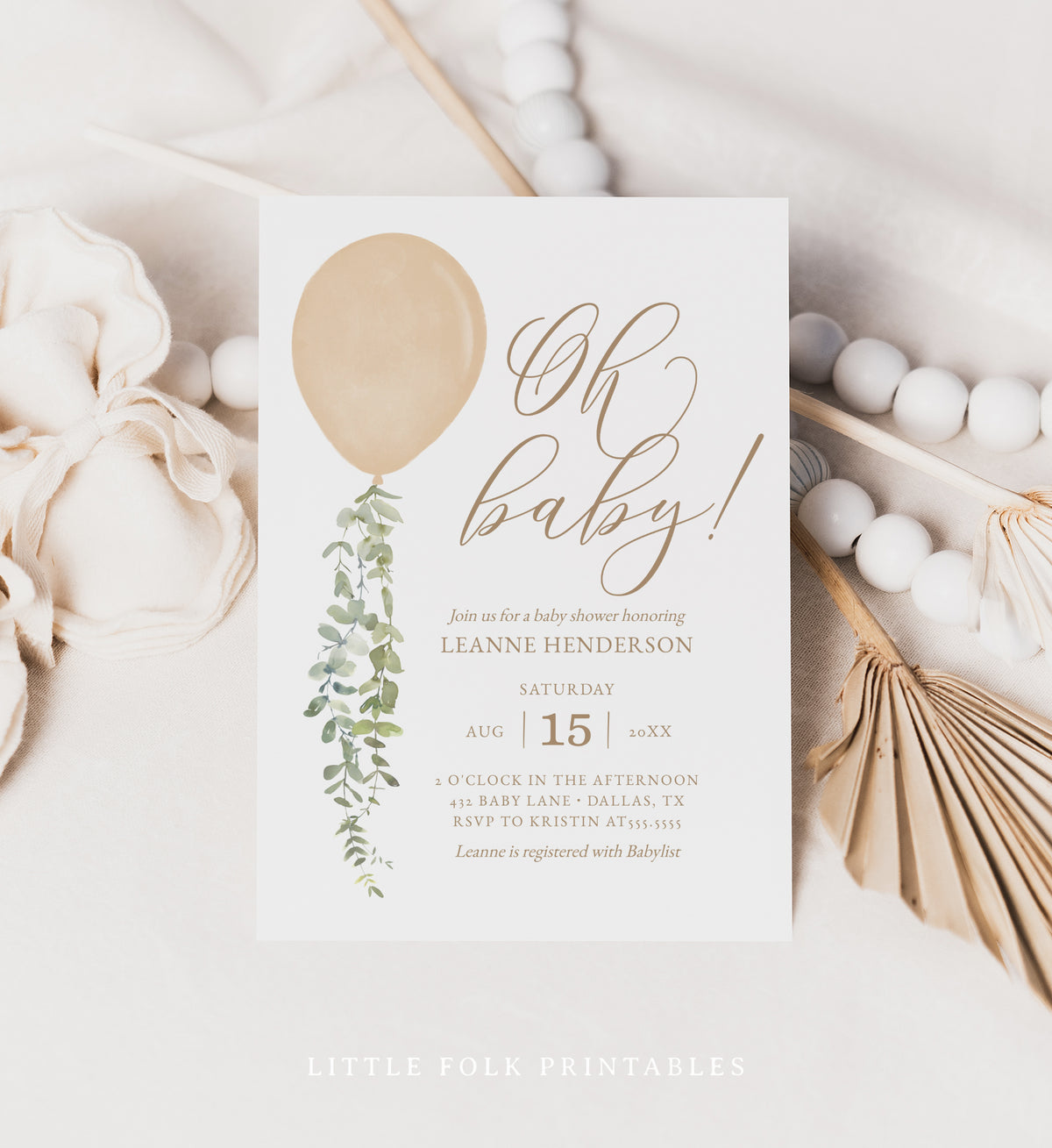 Editable Gold Balloon Baby Shower Invitation Template