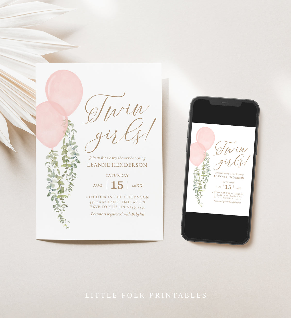 Editable Twin Girls Pink Balloon Baby Shower Invitation Template