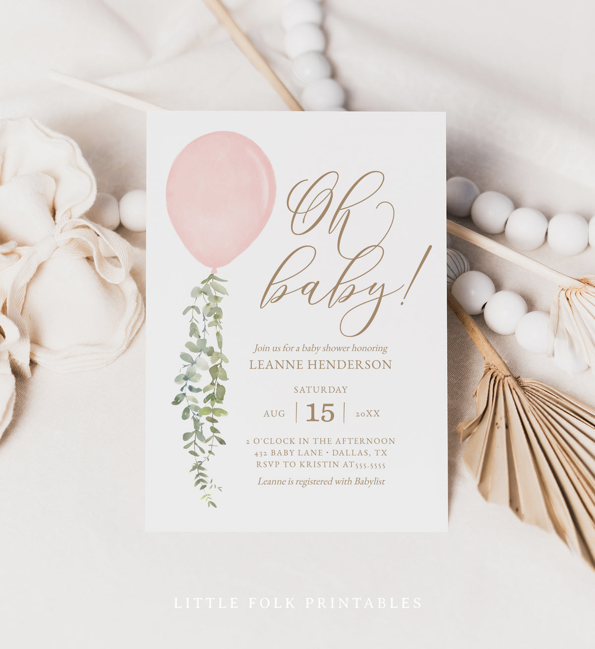 Editable Pink Balloon Baby Shower Invitation Template