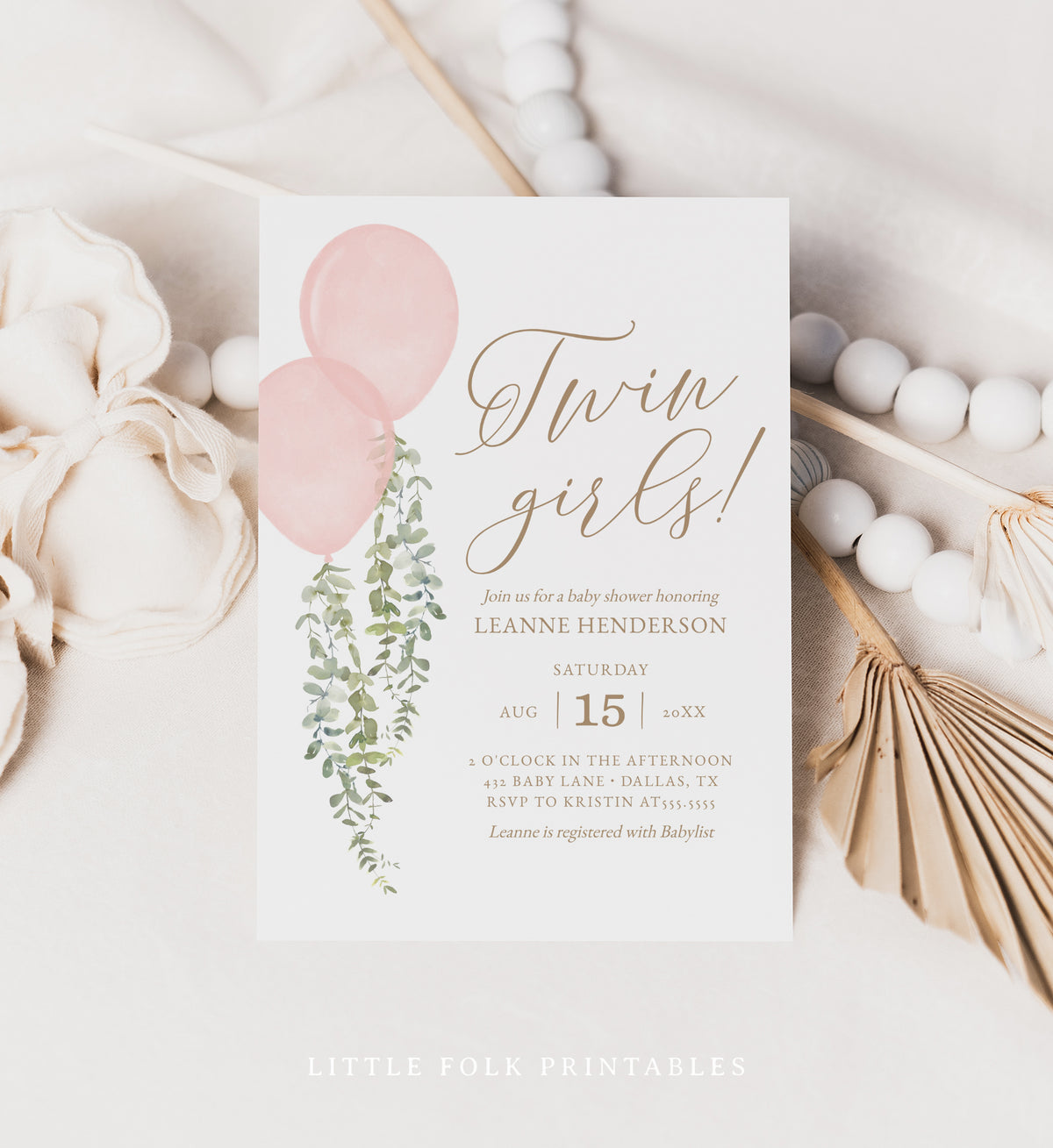 Editable Twin Girls Pink Balloon Baby Shower Invitation Template