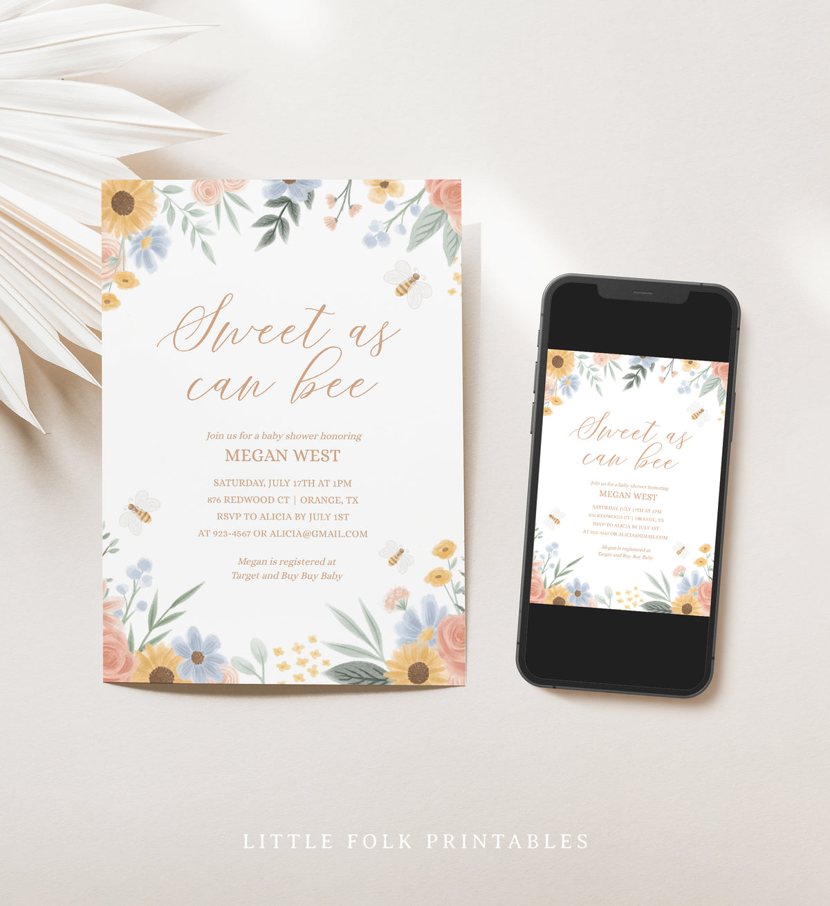 Editable Sweet as Can Bee Baby Shower Invitation Template